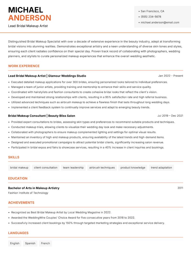 Bridal Makeup Specialist resume template — Modern Professional