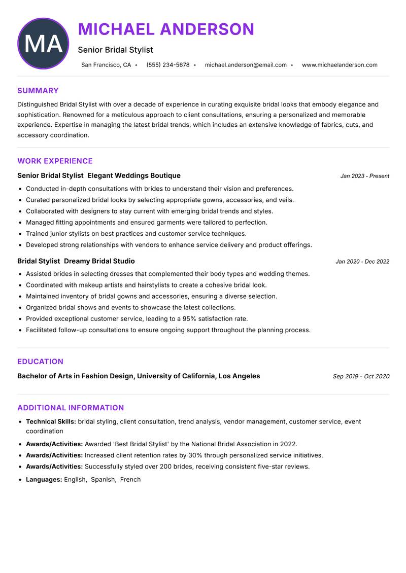 Bridal Stylist resume example — ATS-friendly template