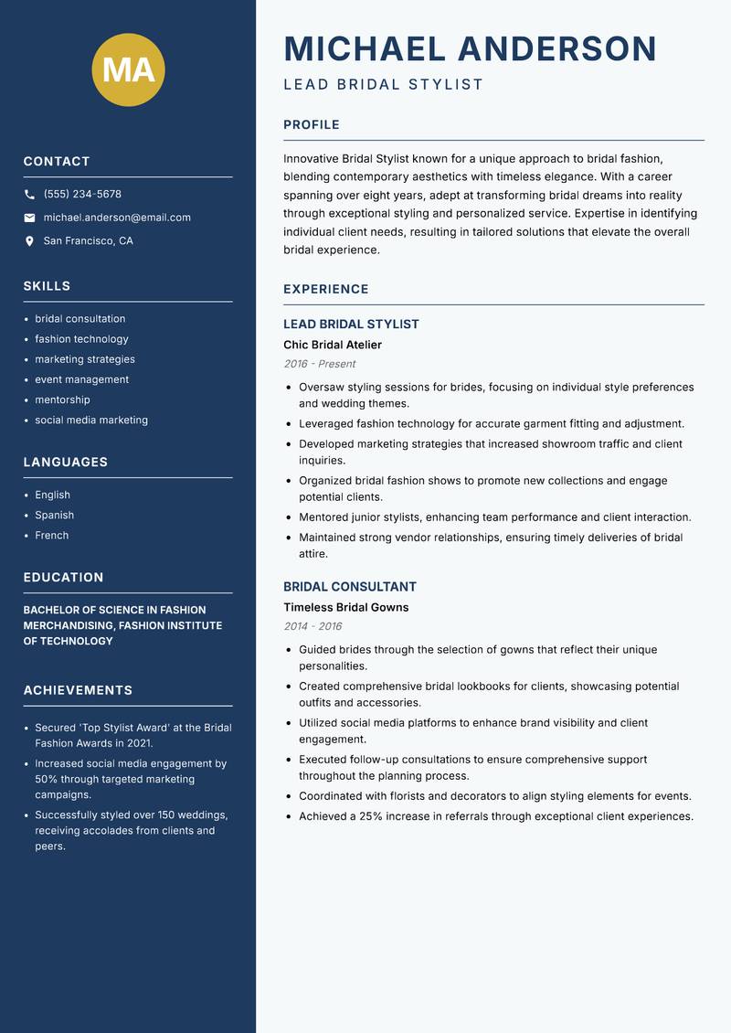 Bridal Stylist resume template — Classic Clean