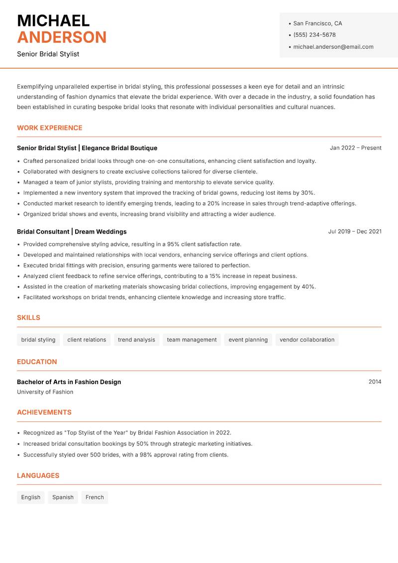 Bridal Stylist resume template — Modern Professional