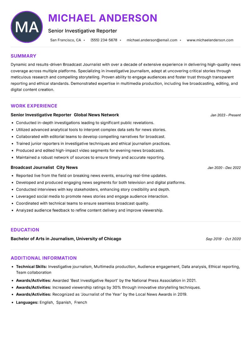 Broadcast Journalist resume example — ATS-friendly template