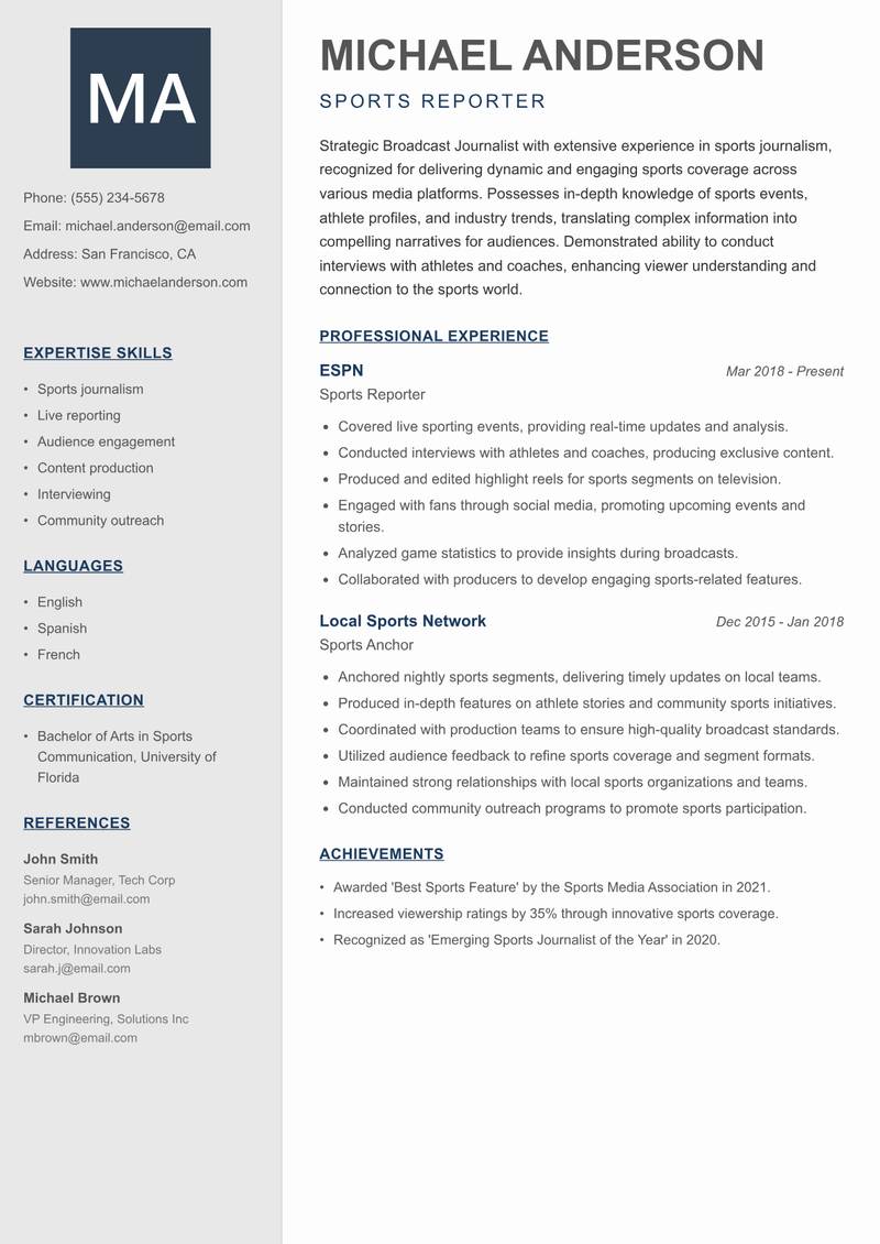Broadcast Journalist resume template — Creative Minimal