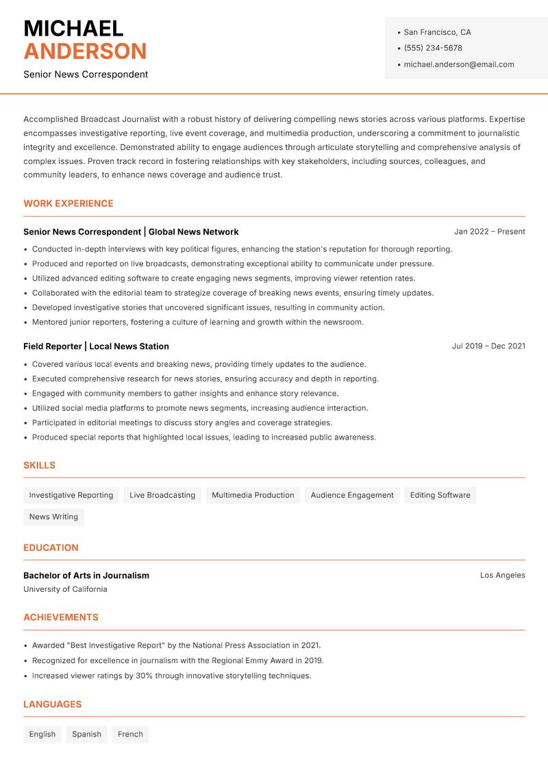 Broadcast Journalist resume template — Modern Professional