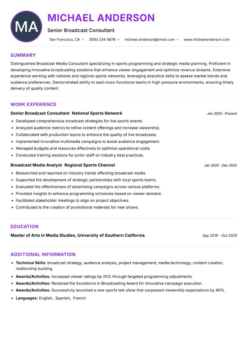 Broadcast Media Consultant Sports resume example — ATS-friendly template