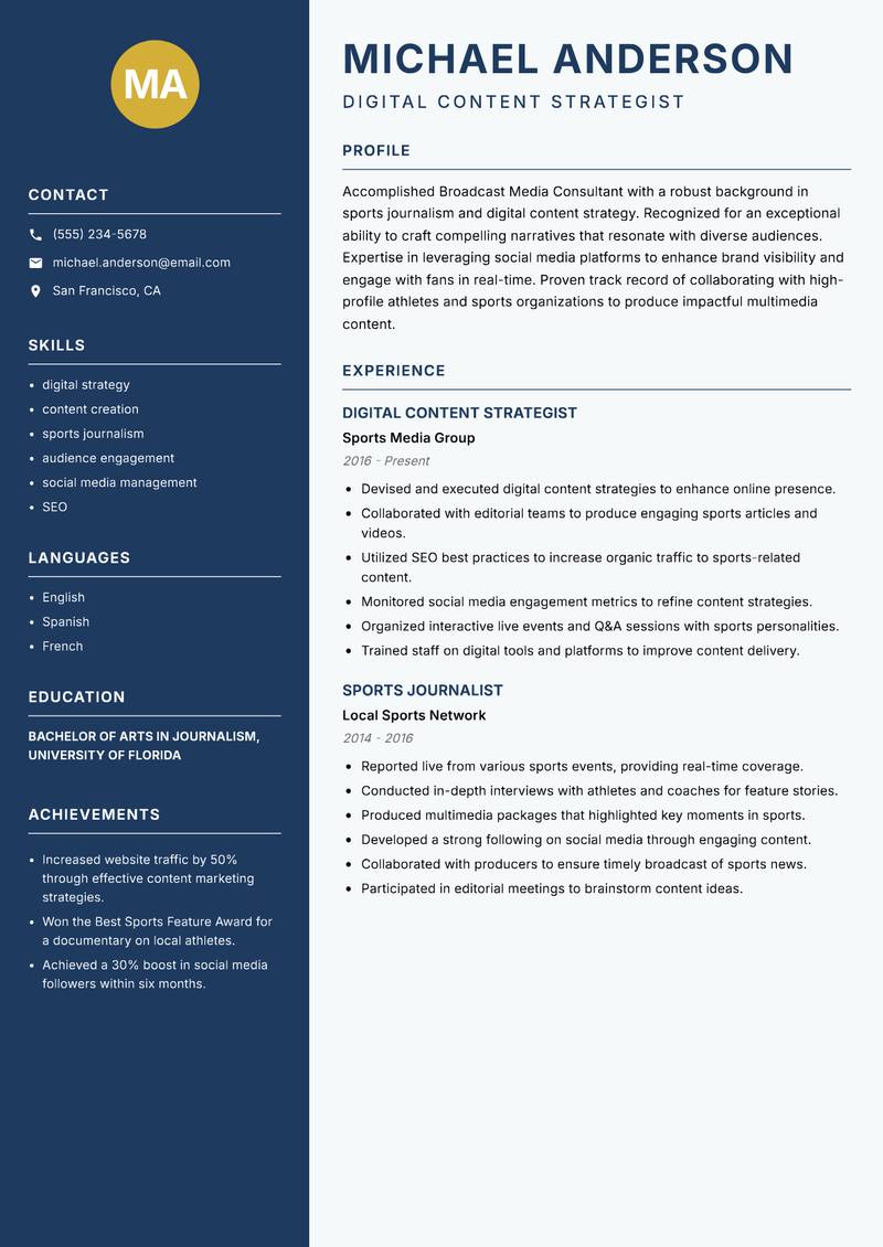 Broadcast Media Consultant Sports resume template — Classic Clean