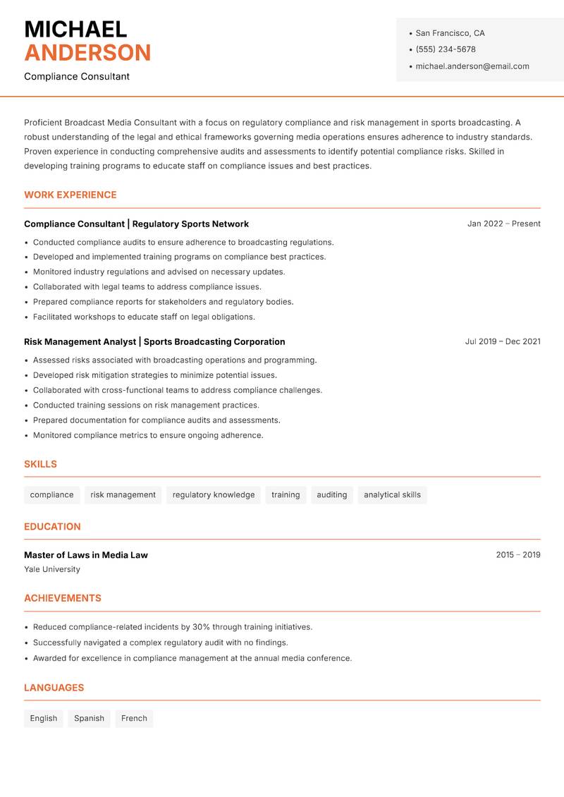 Broadcast Media Consultant Sports resume template — Modern Professional