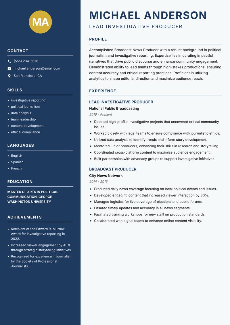 Broadcast News Producer resume template — Classic Clean