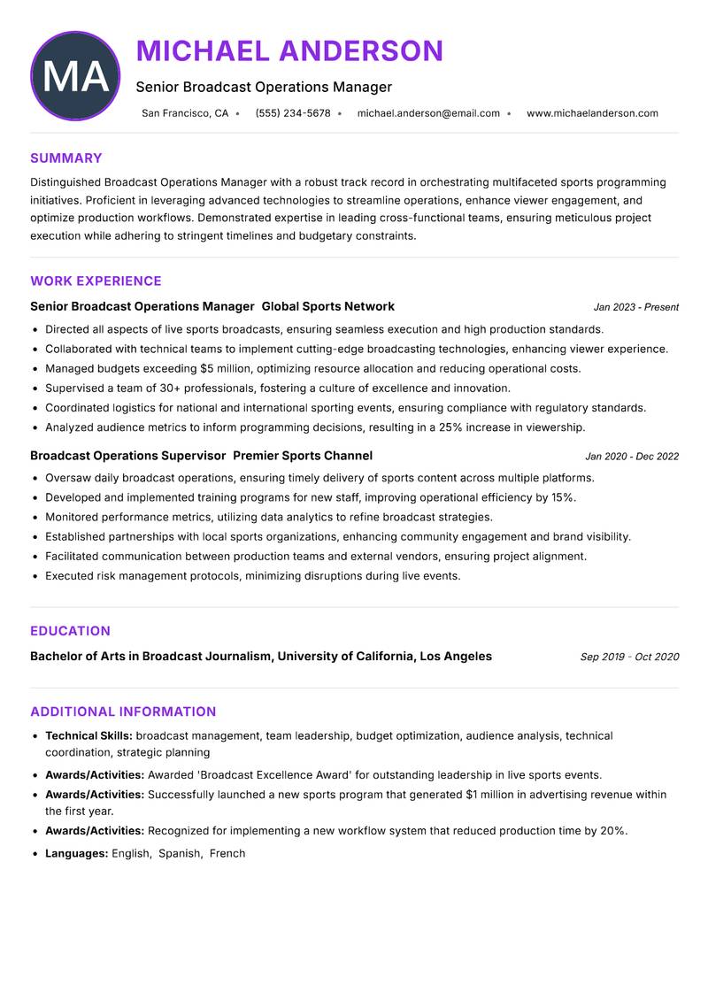 Broadcast Operations Manager Sports resume example — ATS-friendly template