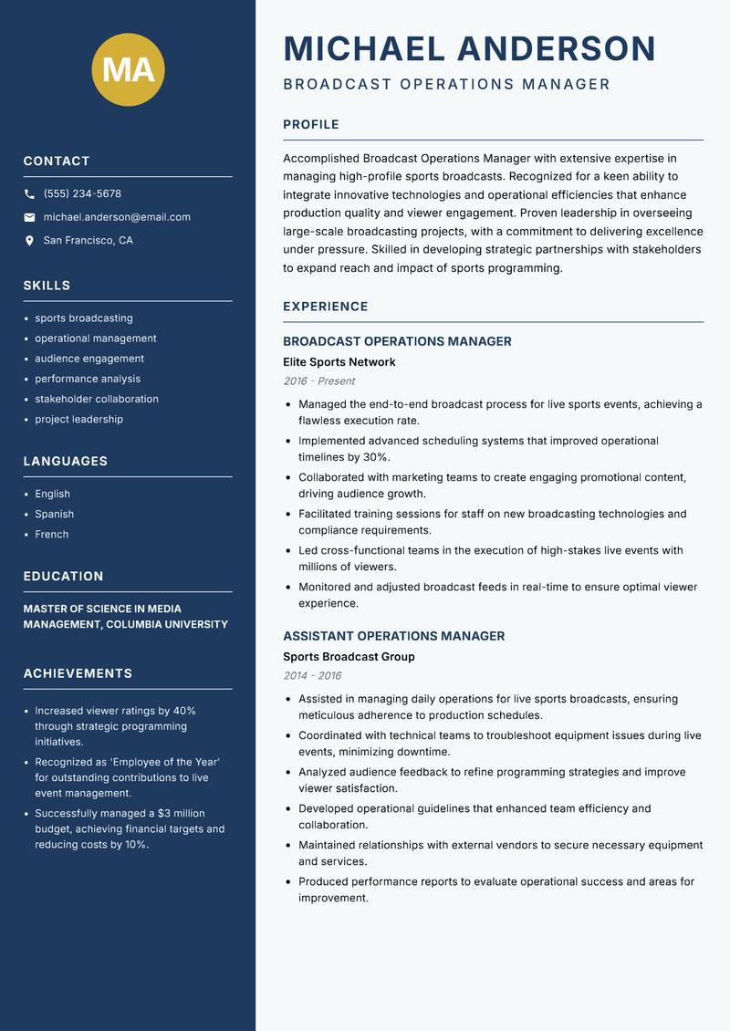Broadcast Operations Manager Sports resume template — Classic Clean