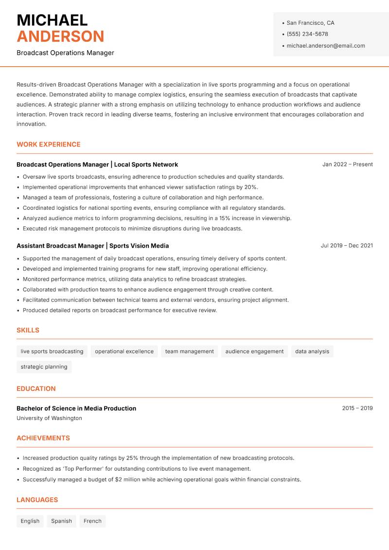 Broadcast Operations Manager Sports resume template — Modern Professional