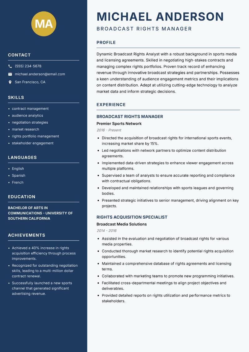 Broadcast Rights Analyst resume template — Classic Clean