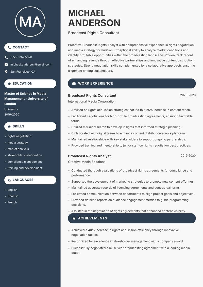 Broadcast Rights Analyst resume template — Compact