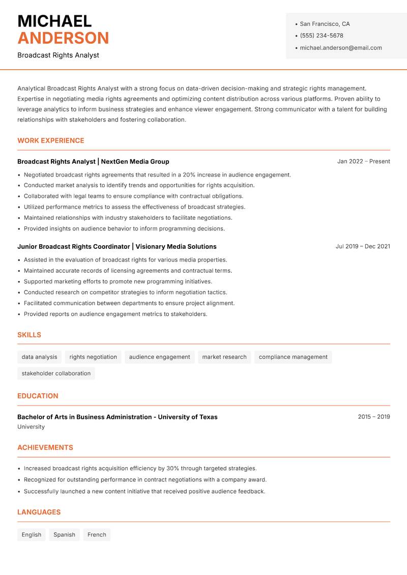 Broadcast Rights Analyst resume template — Modern Professional