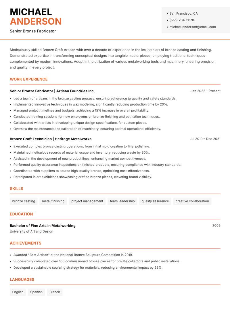 Bronze Craft Artisan resume template — Modern Professional