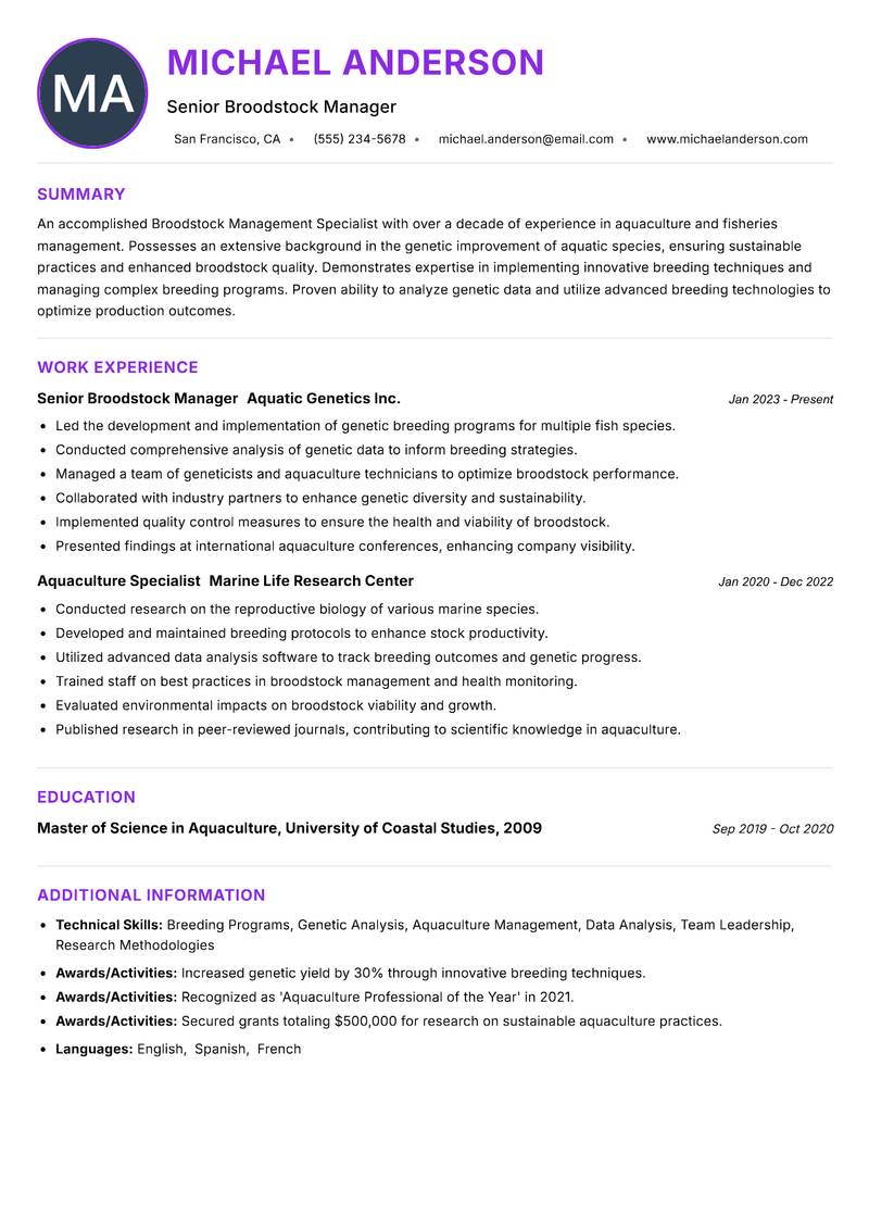 Broodstock Management Specialist resume example — ATS-friendly template