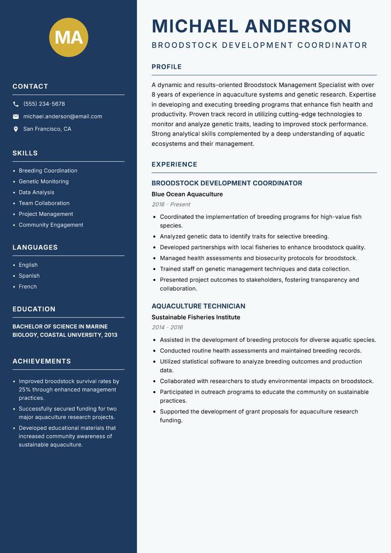 Broodstock Management Specialist resume template — Classic Clean