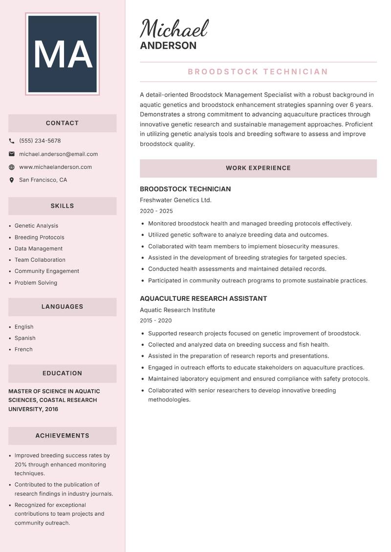 Broodstock Management Specialist resume template — Executive