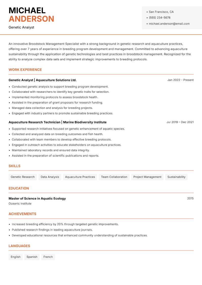 Broodstock Management Specialist resume template — Modern Professional