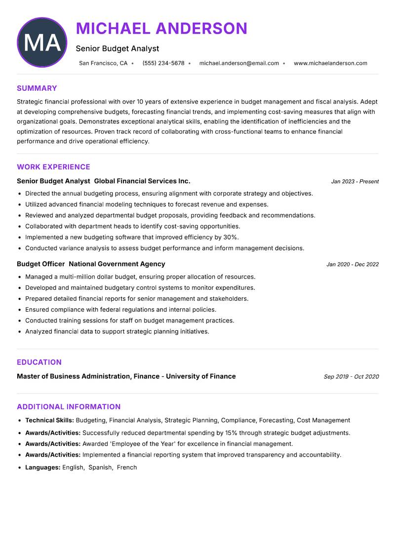 Budget Officer resume example — ATS-friendly template