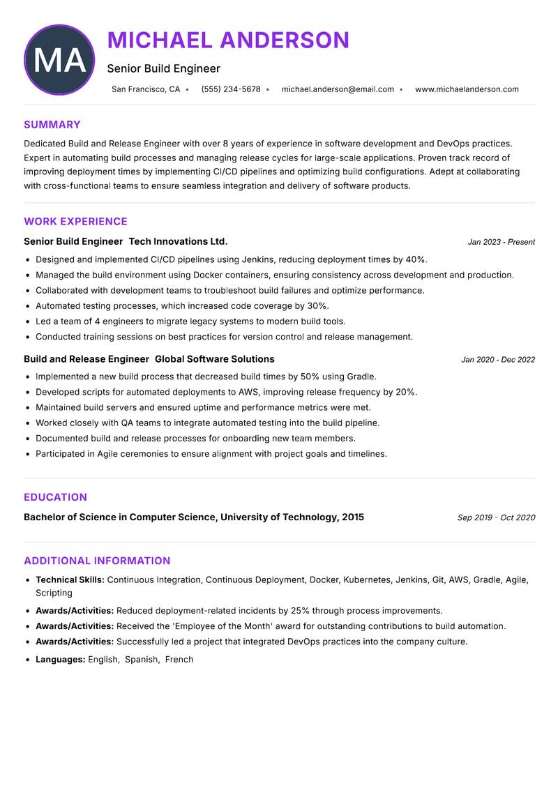 Build and Release Engineer resume example — ATS-friendly template