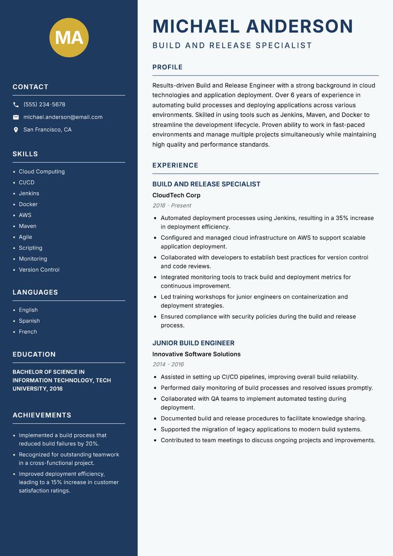 Build and Release Engineer resume template — Classic Clean