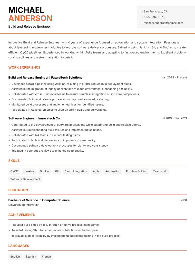 Build and Release Engineer resume template — Modern Professional