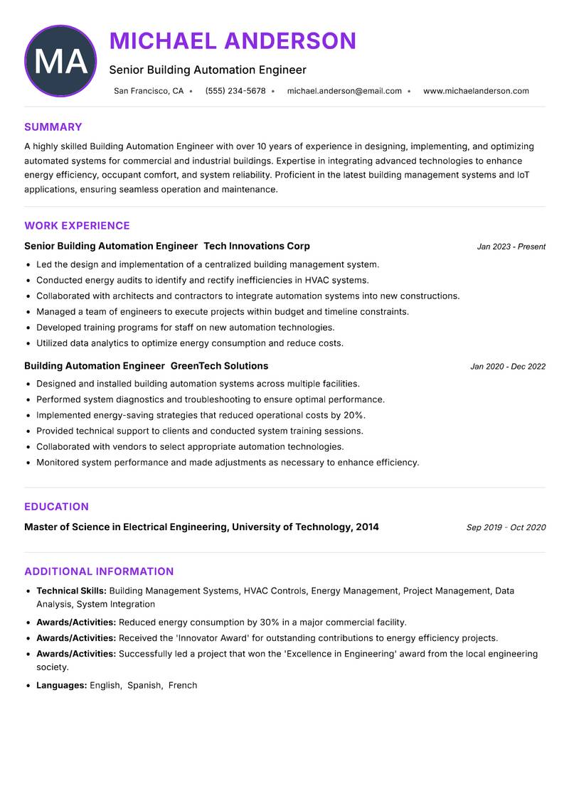 Building Automation Engineer resume example — ATS-friendly template