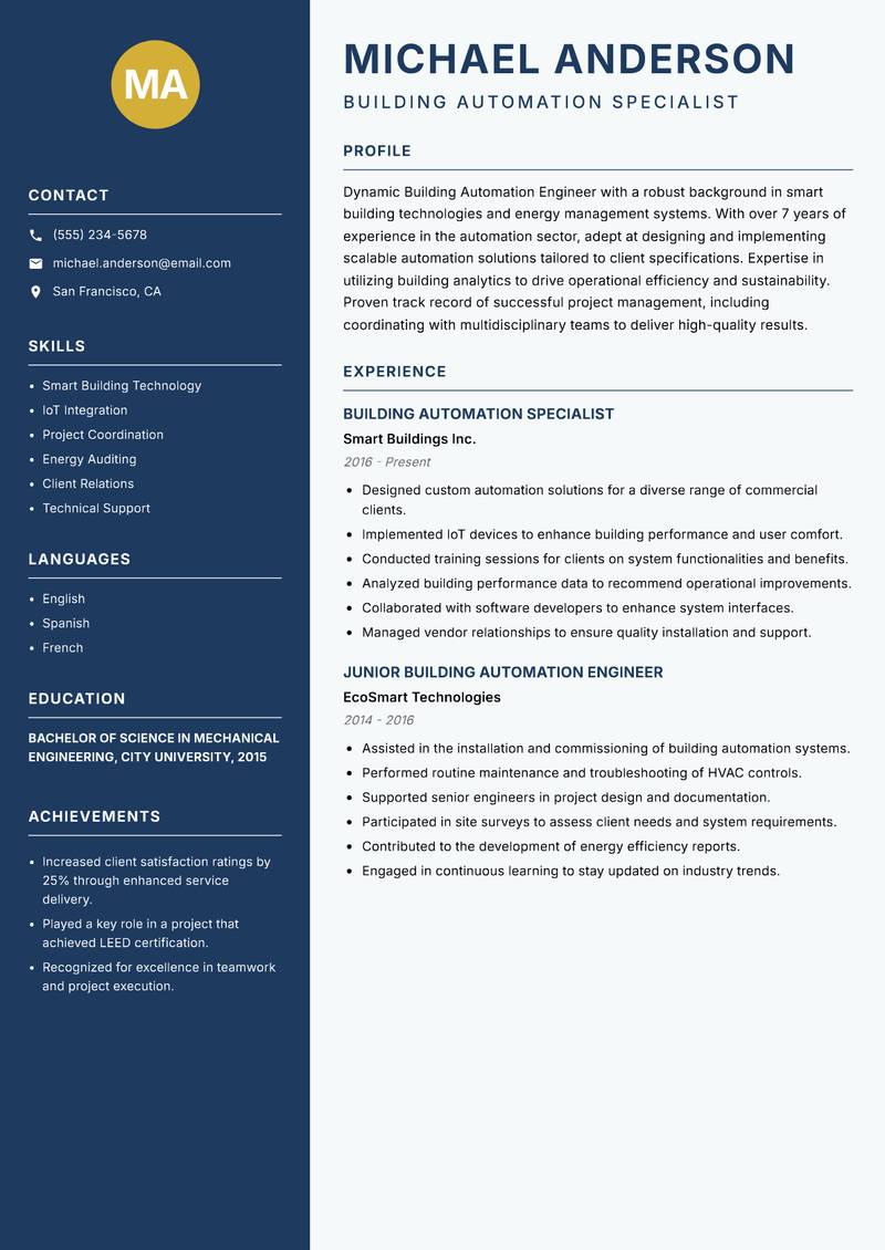 Building Automation Engineer resume template — Classic Clean