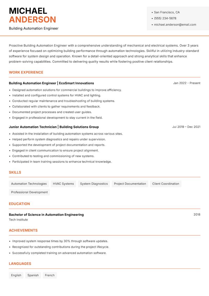 Building Automation Engineer resume template — Modern Professional