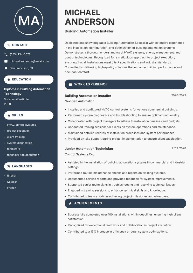 Building Automation Specialist resume template — Compact