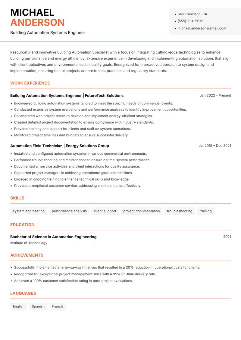 Building Automation Specialist resume template — Modern Professional