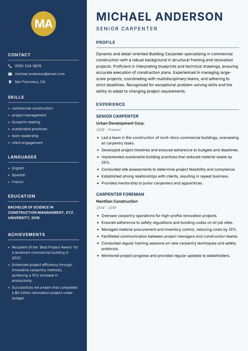 Building Carpenter resume template — Classic Clean