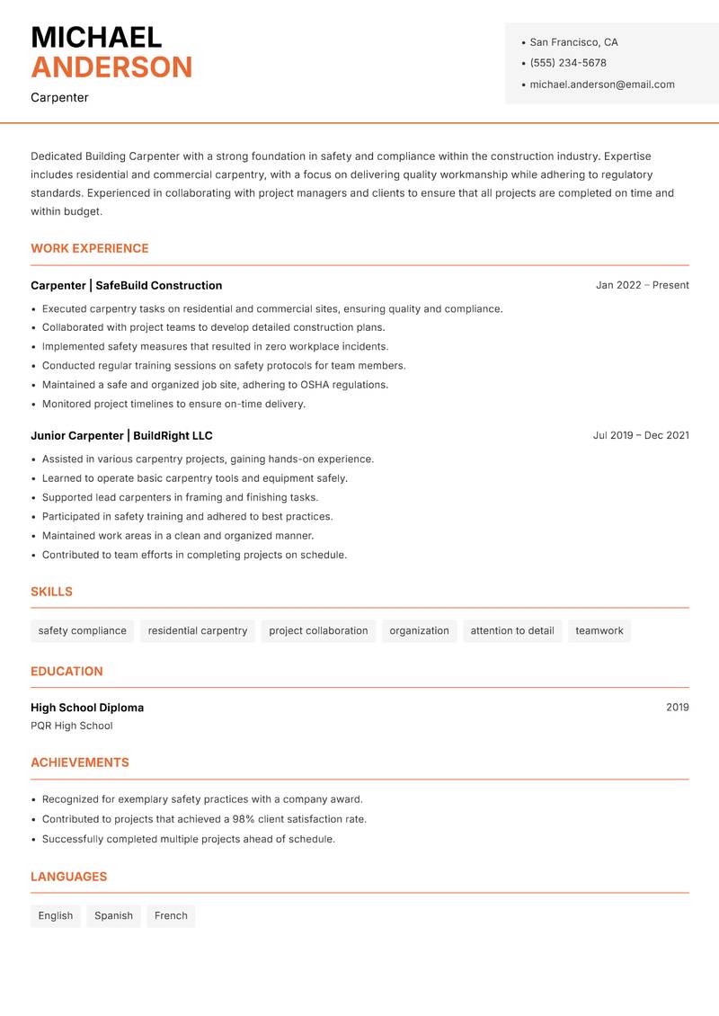 Building Carpenter resume template — Modern Professional