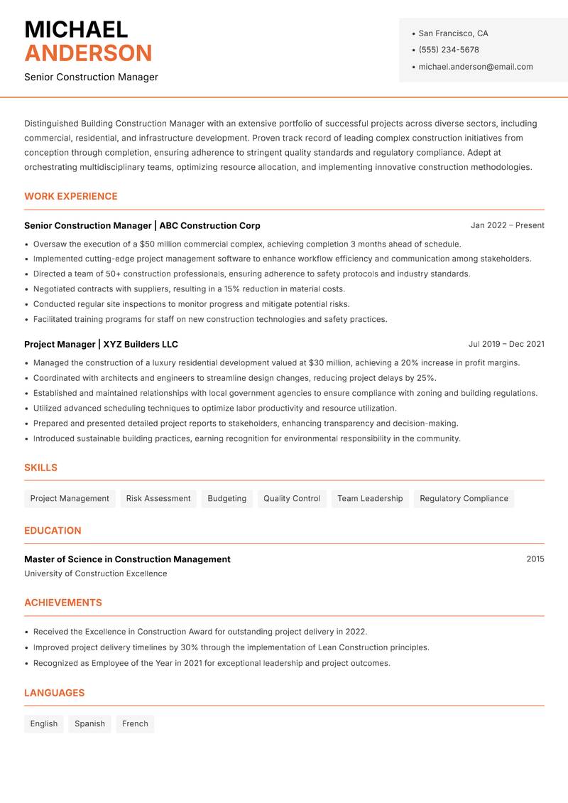Building Construction Manager resume template — Modern Professional