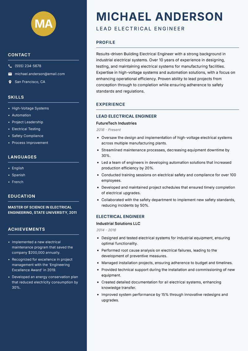 Building Electrical Engineer resume template — Classic Clean