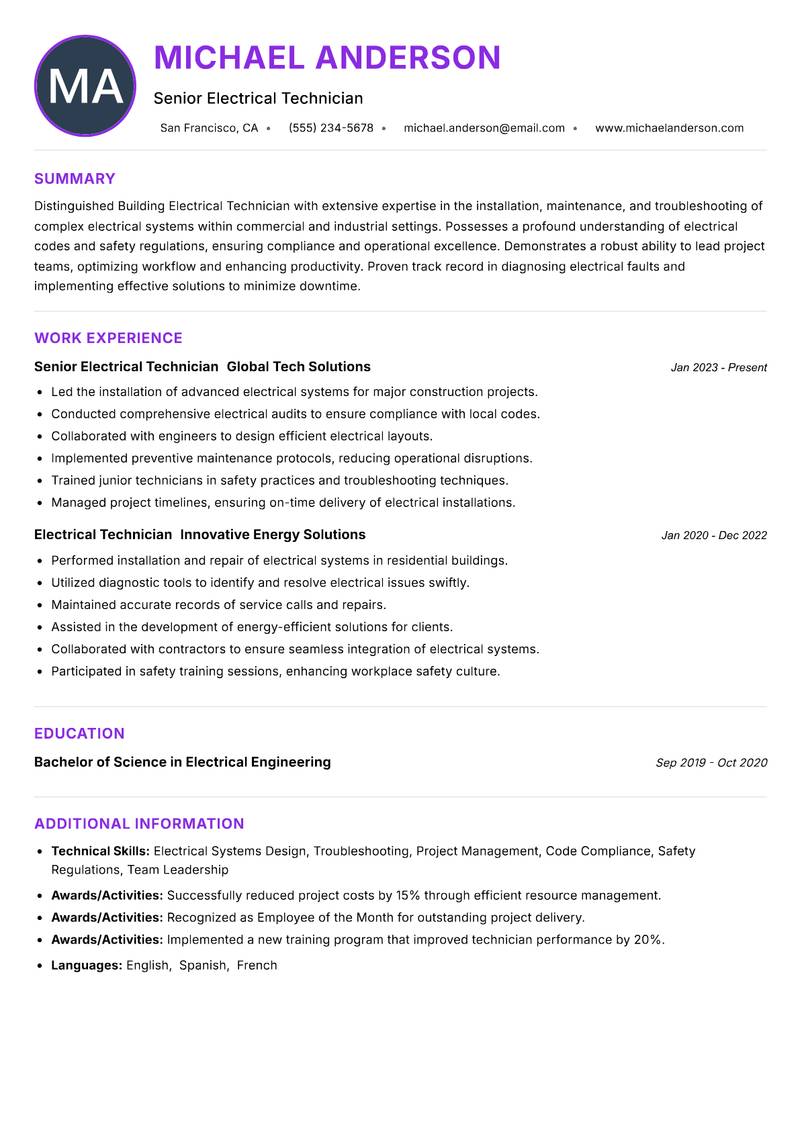 Building Electrical Technician resume example — ATS-friendly template