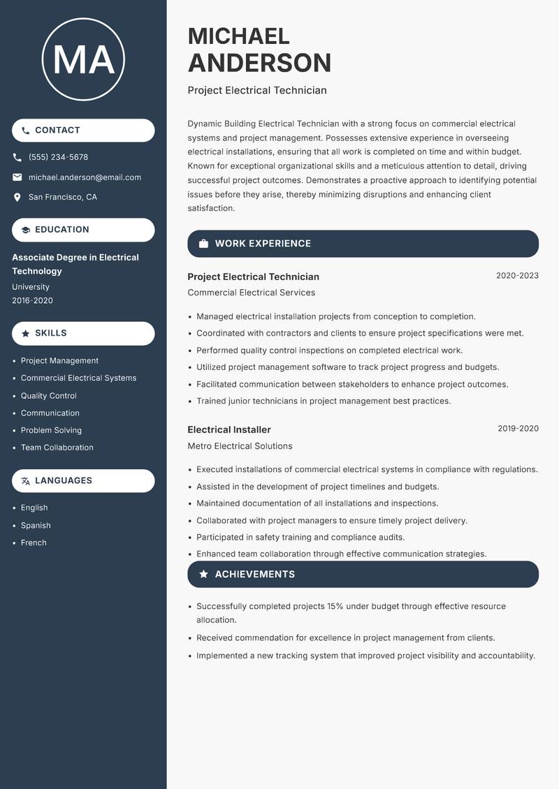 Building Electrical Technician resume template — Compact