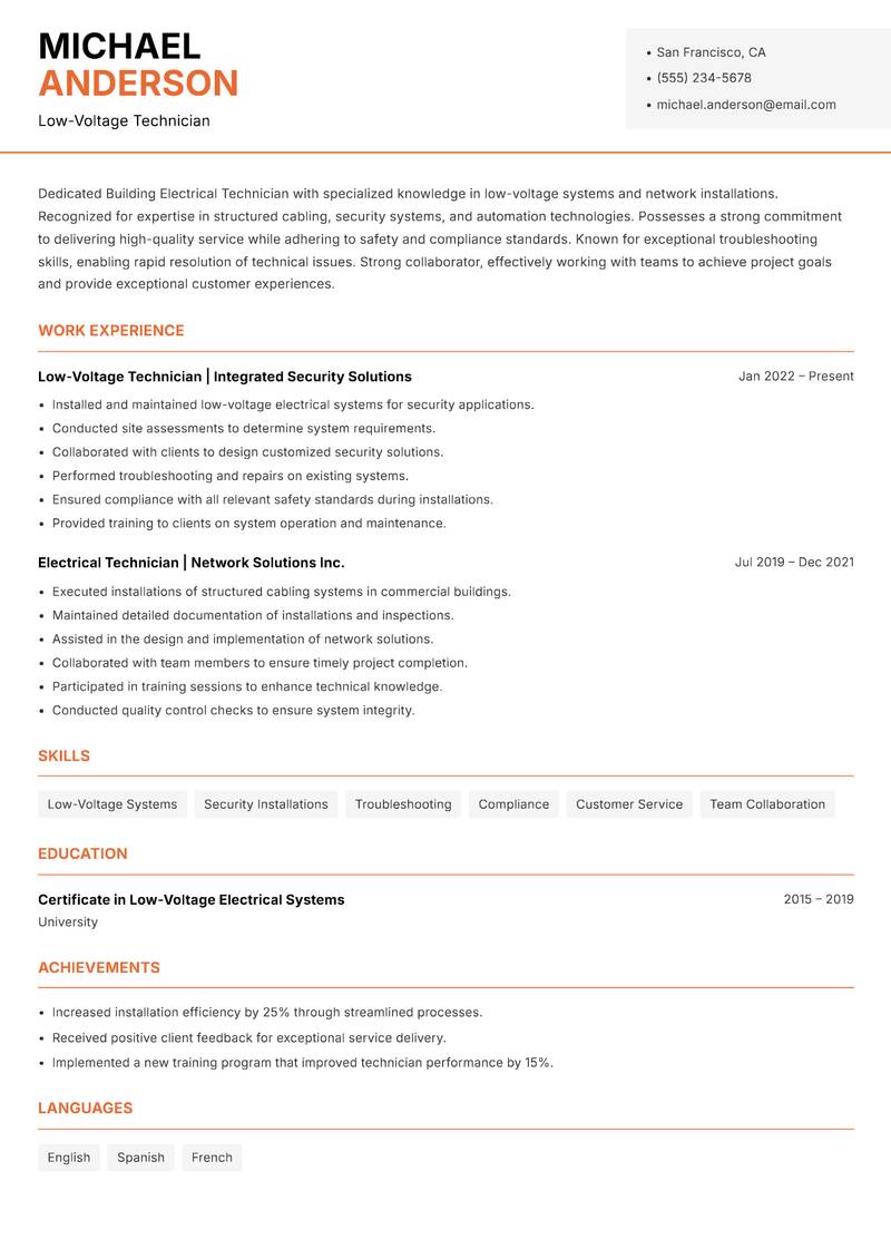 Building Electrical Technician resume template — Modern Professional
