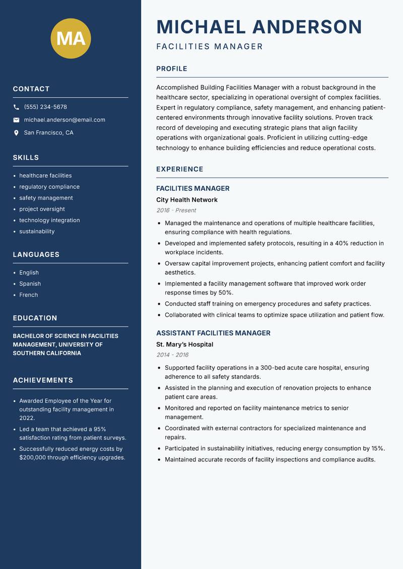 Building Facilities Manager resume template — Classic Clean
