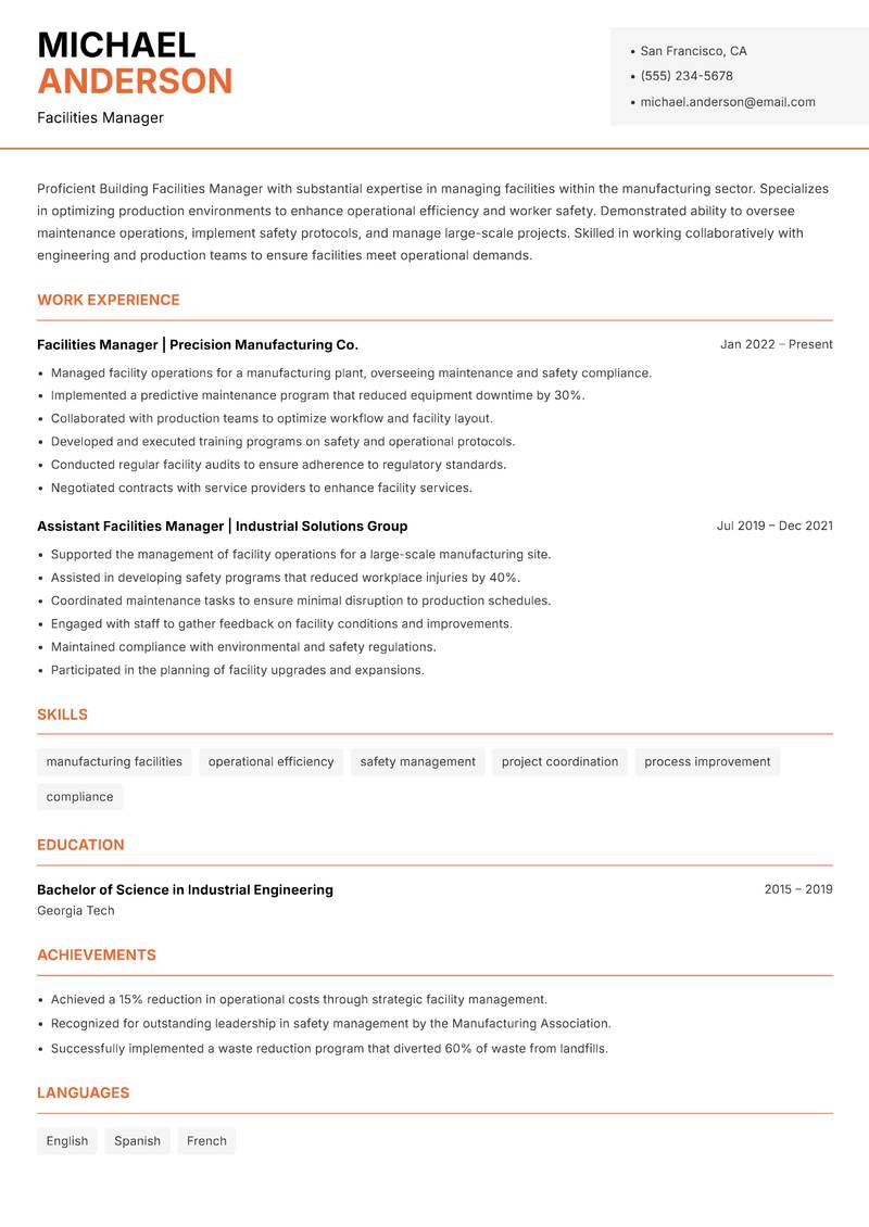 Building Facilities Manager resume template — Modern Professional
