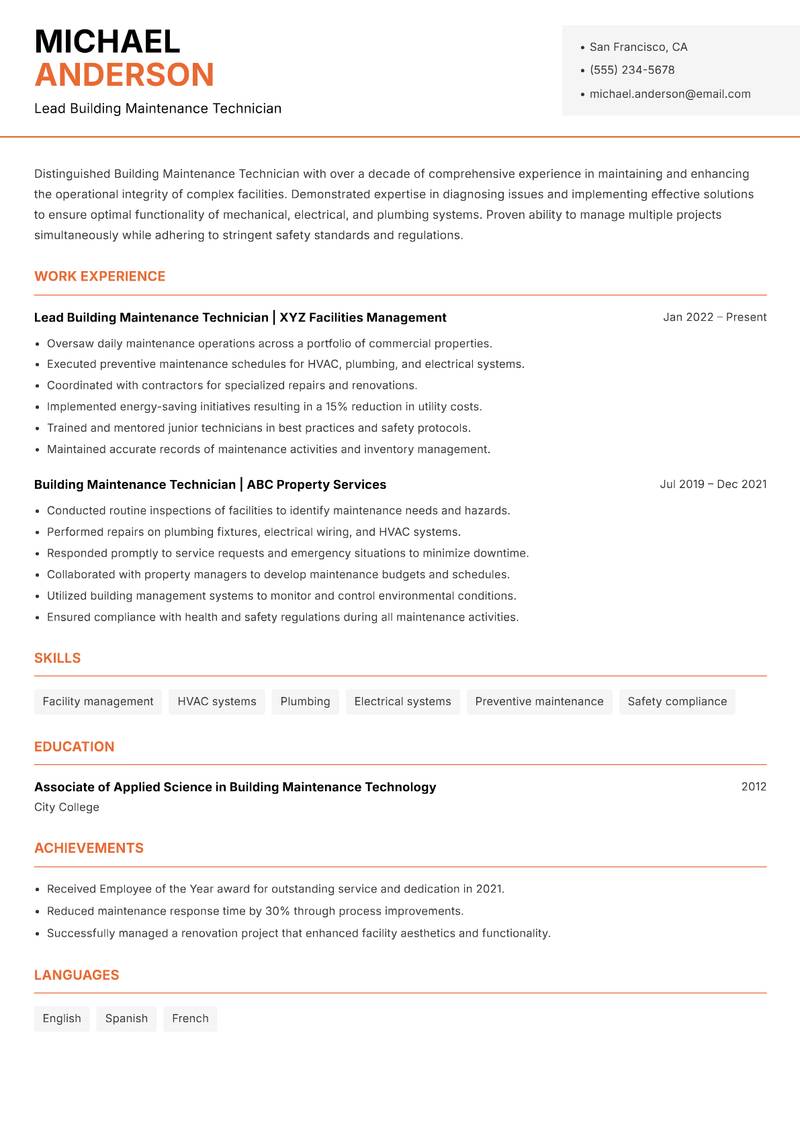 Building Maintenance Technician resume template — Modern Professional