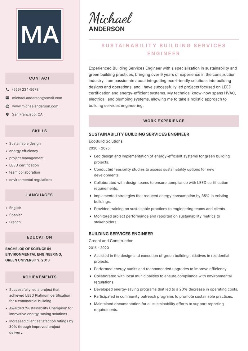 Building Services Engineer resume template — Executive