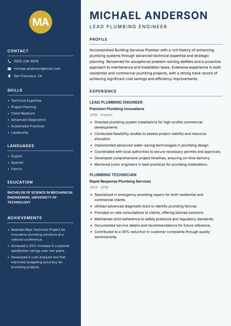 Building Services Plumber resume template — Classic Clean