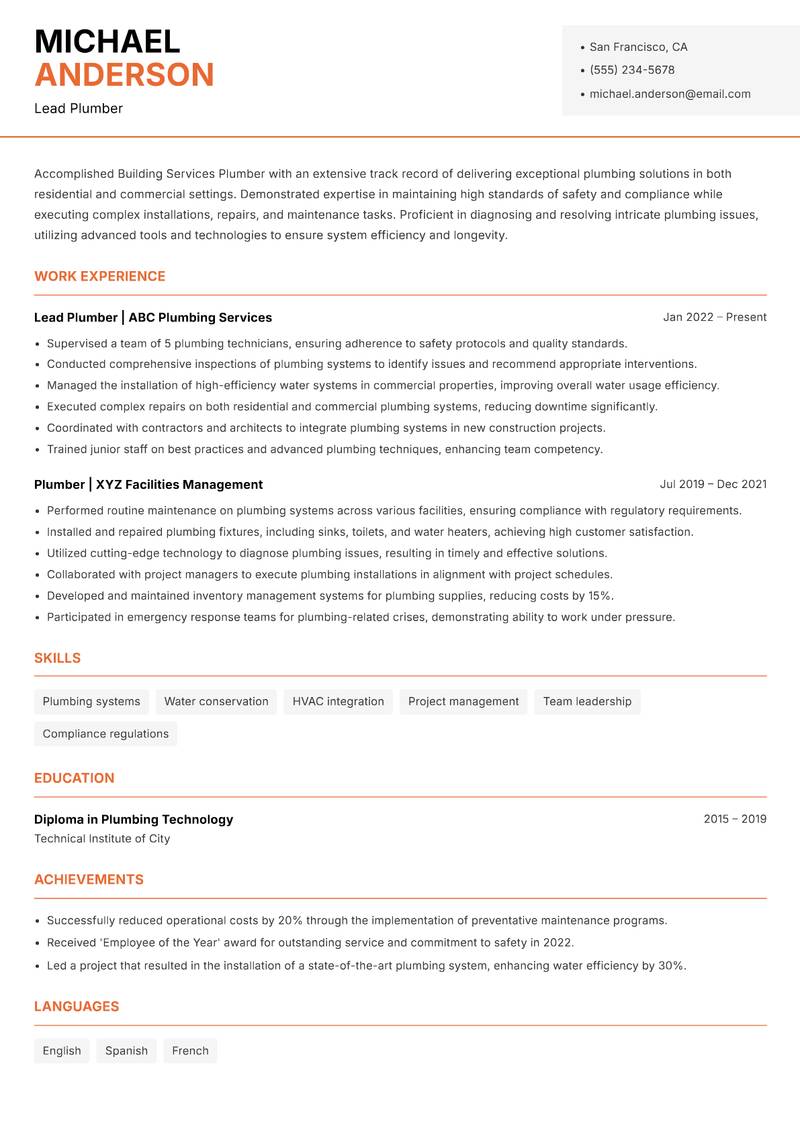 Building Services Plumber resume template — Modern Professional