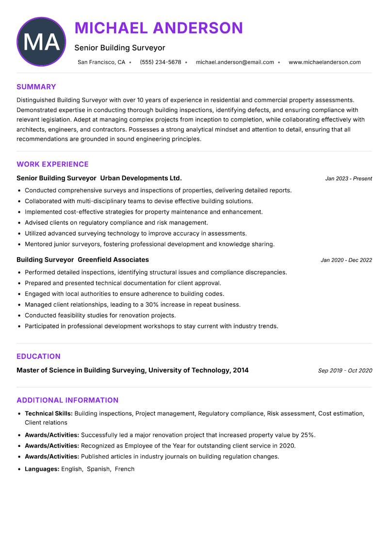 Building Surveyor resume example — ATS-friendly template