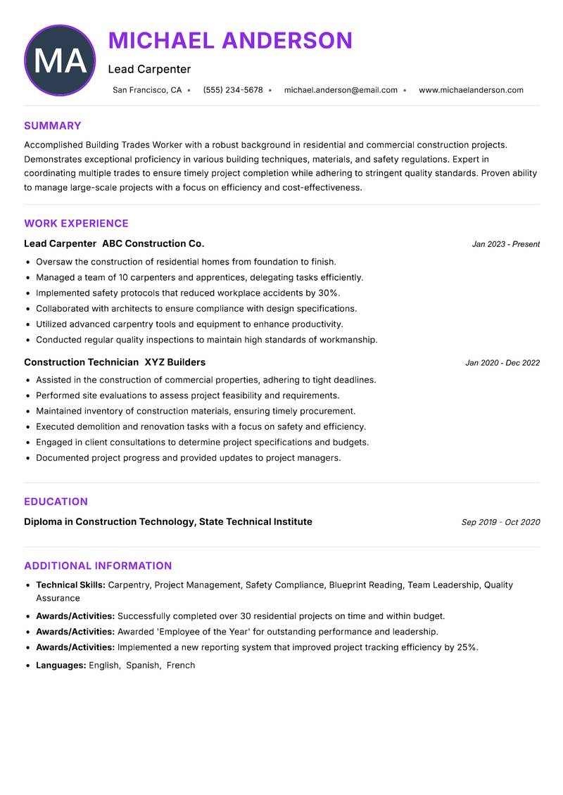 Building Trades Worker resume example — ATS-friendly template