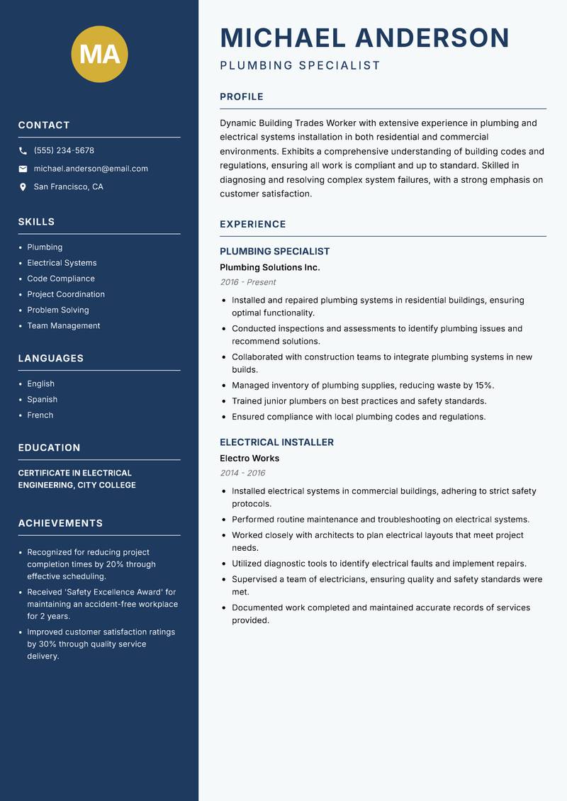 Building Trades Worker resume template — Classic Clean