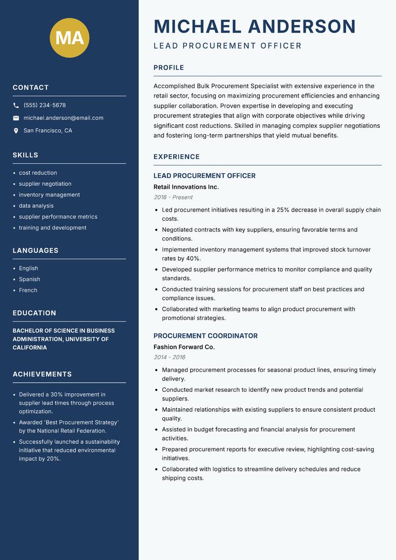 Bulk Procurement Specialist resume template — Classic Clean