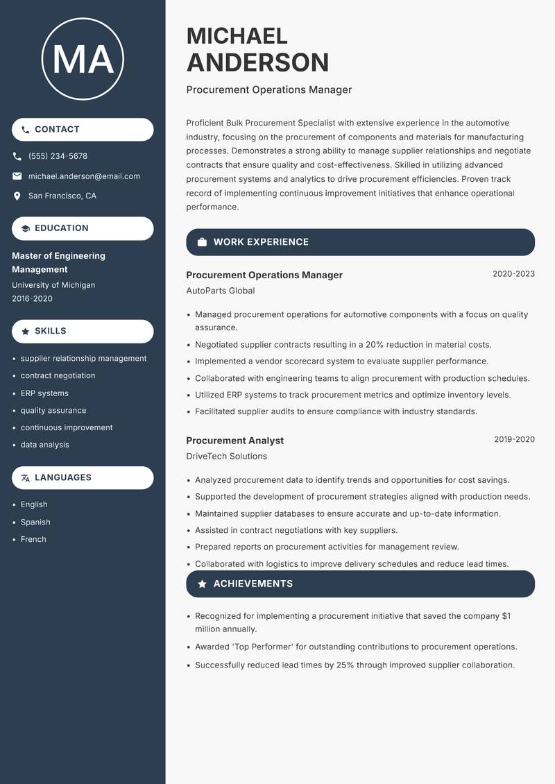 Bulk Procurement Specialist resume template — Compact