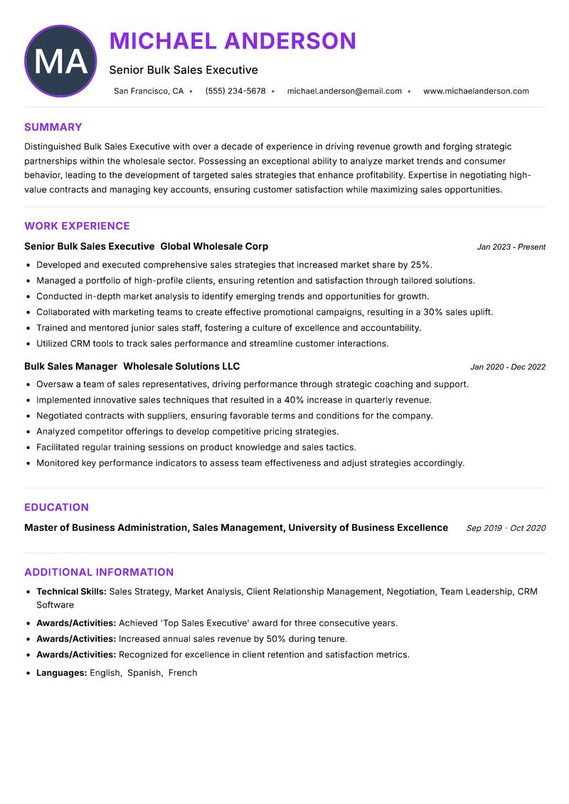 Bulk Sales Executive resume example — ATS-friendly template